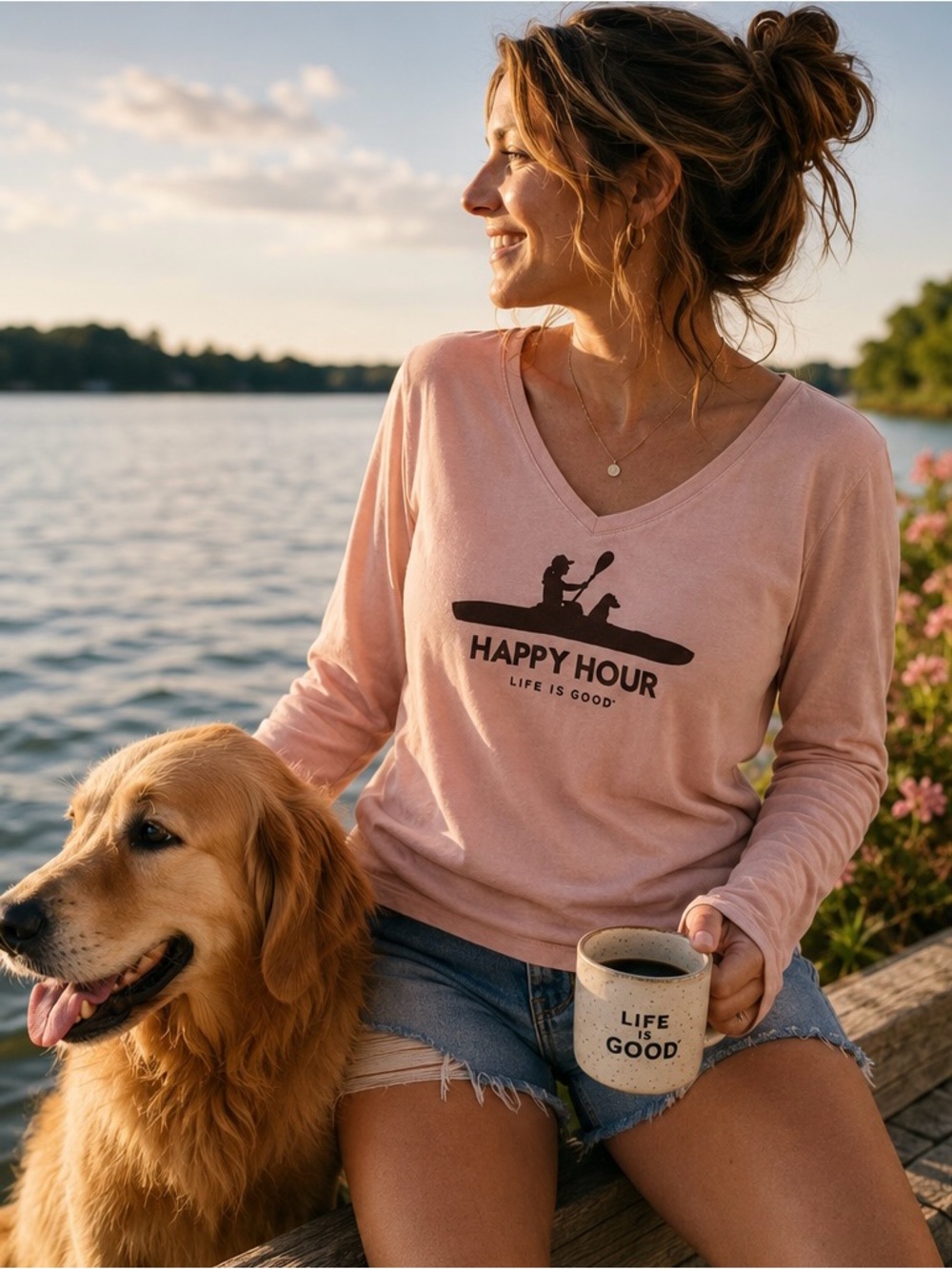 Life Is Good Happy Hour Kayak Dog Long Sleeve Tee Pink XXL Cotton
